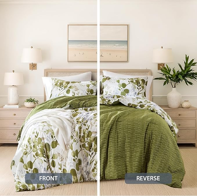 Lightweight Seersucker Botanical King Size Comforter Set, 3 Pieces Reversible Design Bed Comforter, Premium Microfiber Bedding Set, Comforter and Shams Set, Olive Green