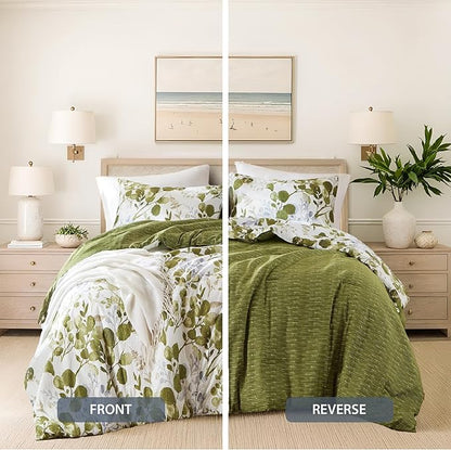 Lightweight Seersucker Botanical King Size Comforter Set, 3 Pieces Reversible Design Bed Comforter, Premium Microfiber Bedding Set, Comforter and Shams Set, Olive Green