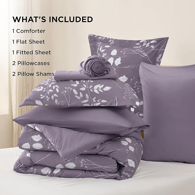 Bedsure Grayish Purple Full Comforter Set - 7 Pieces Floral Bedding Sets Full Bed in a Bag with Reversible Botanical Flowers Comforter, Sheets, Pillowcases & Shams