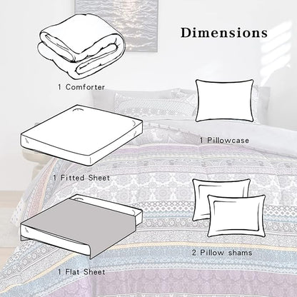 Flysheep Bohemian Bed in a Bag 6 Pieces Twin Size, Colorful Boho Purple Orange Gray Stripes Reversible Bed Comforter Set (1 Comforter, 1 Flat Sheet, 1 Fitted Sheet, 2 Pillow Shams, 1 Pillowcase)