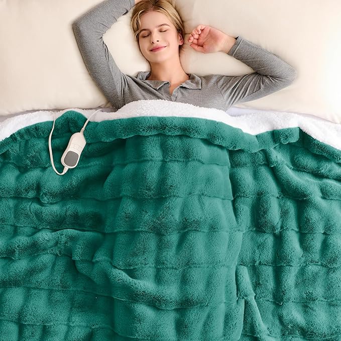 Homemate Heated Blanket Electric Throw - 50"x60" Heating Blanket Throw 1/2/4/6/8 Hours Auto-Off 10 Heat Levels Over-Heat Protection Luxury 800 GSM Faux Fur 200 GSM Sherpa ETL Certification