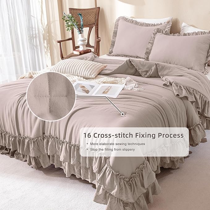 QSH Ruffled Comforter Set Queen Size, 3pcs Taupe Shabby Boho Chic Bedding Comforter Sets, Ultra Soft Farmhouse Lightweight Microfiber Inner Fill Bed Comforter Set