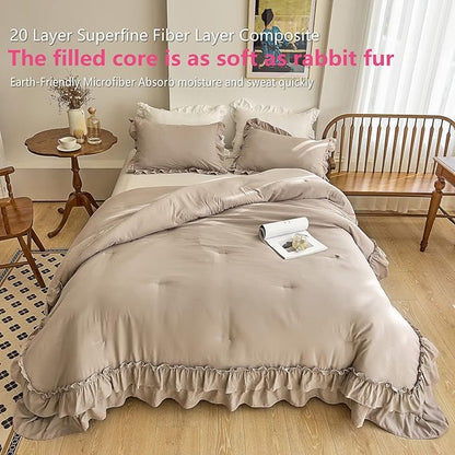 AIKASY Taupe Comforters Queen Size Set, Vintage Boho Chic Farmhouse Bedding Sets Shabby Ruffle Queen Bed Comforter Bedding 3PCS（1 Comforter and 2 Pillowcases）
