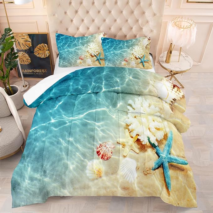 Tailor Shop Coastal Comforter Sets Coastal Bedding Sets Queen Size Beach Themed Bedding Set Starfish Sea Shell Ocean Bed Sets with 1 Comforter 2 Pillowcases…