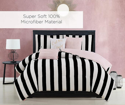 Juicy Couture Cabana Stripe Reversible Bedding Set - Queen Size - Black and White Stripe Print – 6 Piece Set – Includes 1 90" x 90" Comforter, 3 Decorative Pillows, 2 Shams