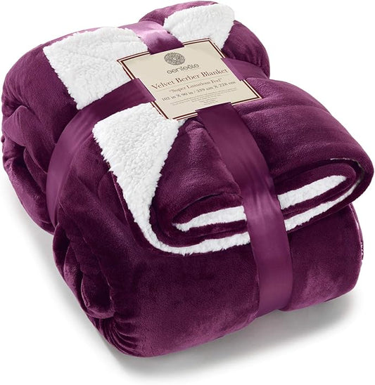 Genteele Sherpa Throw Blanket Super Soft Reversible Ultra Luxurious Plush Blanket, 102 x 90 inches, Rich Purple/White