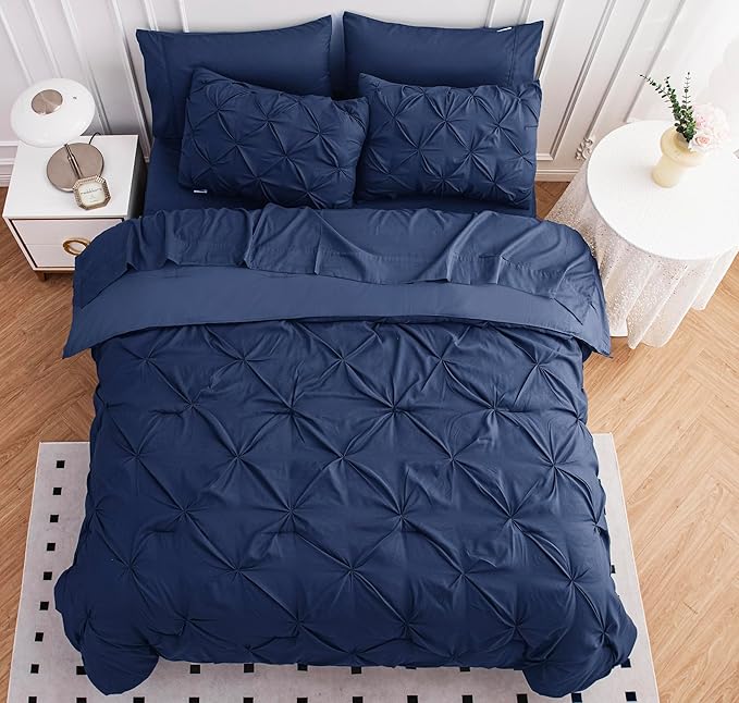 LANE LINEN Twin XL Comforter - Set of 5 Pc - Pintuck Bed-in-a-Bag - Bedding Set with Comforter, Flat & Fitted Sheets, Pillowcase & Sham – Very Soft, Warm & Durable Comfort for Everyday Use - Navy Blue | Hotel luxury feel, Warm cozy comfort, Everyday us...