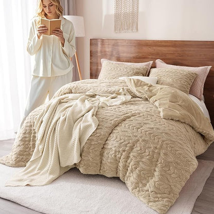 PHF Fluffy Sherpa Fleece Twin Comforter Set, 2 Pieces Warm Fuzzy Soft Bedding for Winter, 3D Tufted Flannel Plush Shaggy Bed Set, 1 Comforter (68"x90") and 1 Pillowcase (20"x26"), Khaki