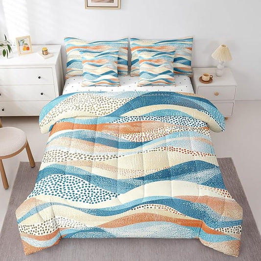 Erosebridal Geometric Wave Full Comforter Set 7 Pieces Blue Beige Orange Bedding Comforter Sets, Black Polka Dots Bed in a Bag Modern Abstract Art Bedding Set, Vintage Minimalist Bed Sheets Set