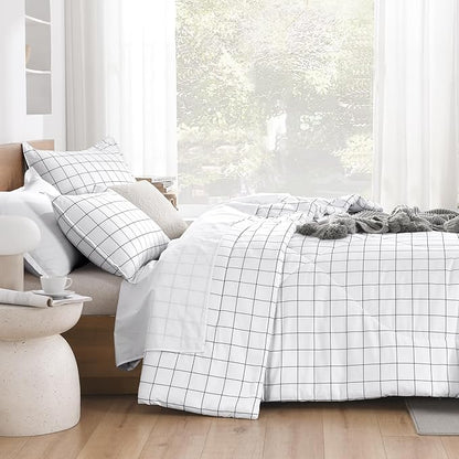 Andency King Size Comforter Set White Gingham, Plaid Grid Checkered Bedding Comforter Set for King Size Bed, 3 Pieces Lightweight Reversible Modern Geometric Bedding Set(104x90 Inch)