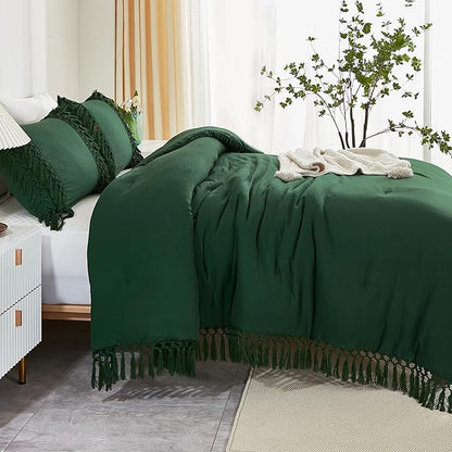 Andency Emerald Comforter Set California King, 3 Pieces Boho Tassel Lightweight Soft Bedding Comforter Sets for King Bed, All Season Fluffy Fringe Bed Set (104x96In Comforter & 2 Pillowcases)