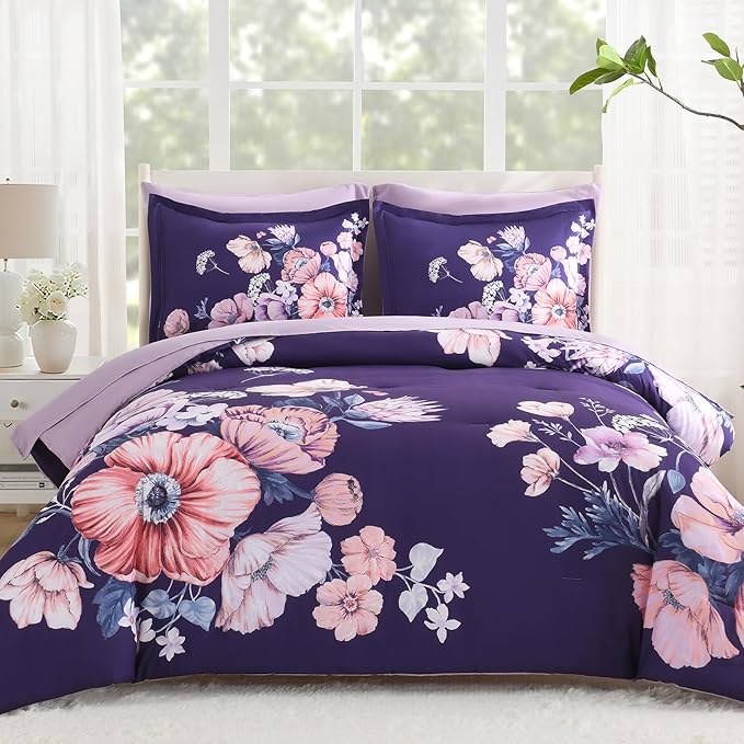 King Size Comforter Set - 7 Pieces Floral Comforter and Sheet Set, Dark Purple King Size Bed in a Bag, Soft Microfiber Flower Complete Bedding Set for All Seasons（Dark Purple,104"x90"）