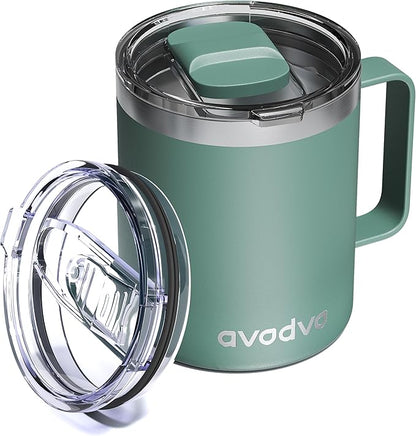 12oz Insulated Coffee Mug with Lid – Includes Two Lids, Stainless Steel Coffee Travel Mug with Handle, Double Wall Vacuum Insulated Camping Mug for Home, Office & Outdoor, Sage Green