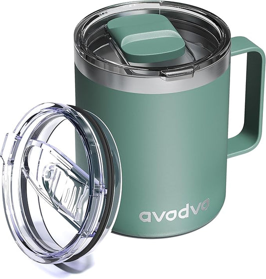 12oz Insulated Coffee Mug with Lid – Includes Two Lids, Stainless Steel Coffee Travel Mug with Handle, Double Wall Vacuum Insulated Camping Mug for Home, Office & Outdoor, Sage Green