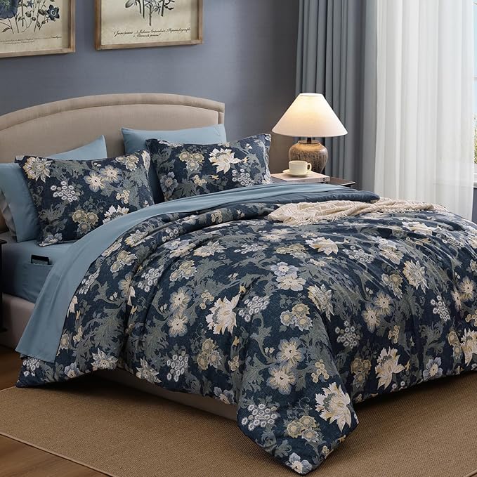 Full Comforter Set -7 Pieces Floral Antique Blue Comforter Set for All Seasons, Bed in a Bag Full with Botanical Flowers Comforter, Sheets, Pillowcases & Shams