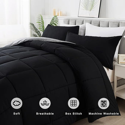 DOWNCOOL Twin Comforter Set -All Season Bedding Comforters Sets with 1 Pillow Case -2 Pieces Bed Set Down Alternative Comforter Set -Black/Grey Twin Bedding Sets(64"x88")