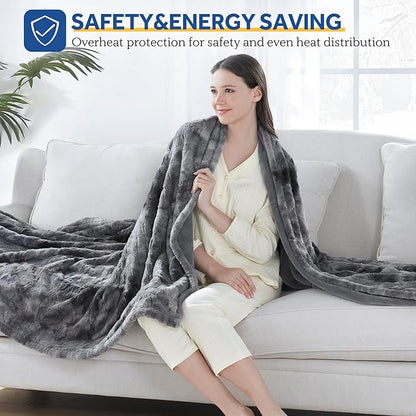 Sealy Electric Blanket Heated Throw, Faux Fur Heating Blanket with 6 Heat Settings & 2-10 Hours Auto Shut Off, Fast Heating & ETL Certification, 50x60 Inch, Grey