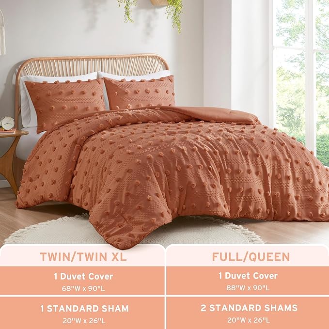 Intelligent Design Queen Duvet Cover Set, Clipped Jacquard Duvet Set Chic Pompoms Accent, All Seasons Lightweight Microfiber Bed Cover for Comforter with 2 Shams, Lucy, Full/Queen Rust 3 Piece