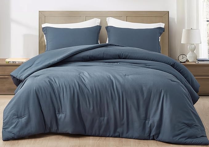 Chezmoi Collection Cliff 3-Piece Lightweight Cooling Comforter Set, Queen- Rayon Derived from Bamboo & Polyester Blended, Soft Breathable Bedding for Hot Sleepers, Steel Blue