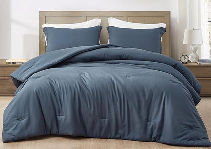 Chezmoi Collection Cliff 3-Piece Lightweight Cooling Comforter Set, Queen- Rayon Derived from Bamboo & Polyester Blended, Soft Breathable Bedding for Hot Sleepers, Steel Blue