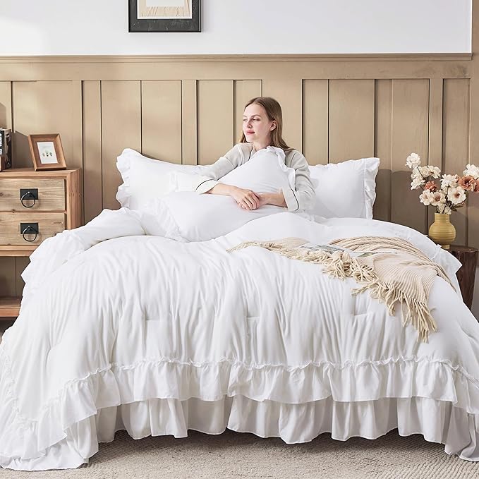 Andency White Twin Size Comforter Set(66x90Inch), 2 Pieces(1 Ruffle Comforter and 1 Pillowcase) Lightweight Fluffy Bedding Comforter Sets for Kids, All Season Soft Microfiber Bedding Set