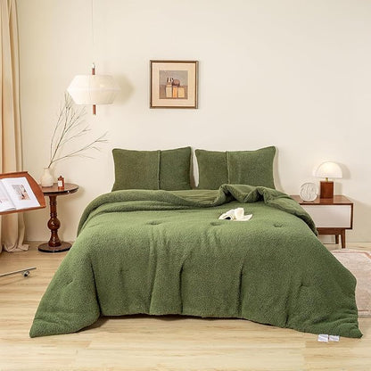 Warm Ultra-Soft Sherpa King Size Down Comforter - Reversible Bedding Down Alternative Blanket Comforter and 2 Pillowshams Plush Comfort Fluffy for Winter Fall (Dark Olive Green Cal/Cal King)