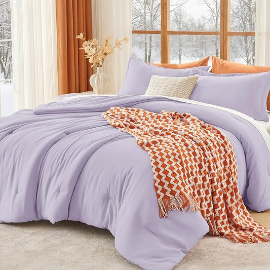 MUXHOMO Queen Comforter Set, All Season Ultra Soft Down Alternative Bedding - 3 Piece Lightweight Bed Set Includes 1 Comforter (90"x90") and 2 Pillow Shams (20"x26"), Lavender