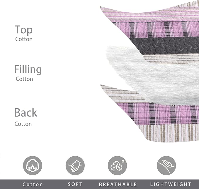 Homzard King Size Comforter Set，Cotton Plaid King Size Quilt，Pink Black Beige Bedding Set，Farmhouse Striped Bedspread Set，Lightweight Reversible Coverlet All Season 3 Pieces