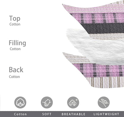 Homzard King Size Comforter Set，Cotton Plaid King Size Quilt，Pink Black Beige Bedding Set，Farmhouse Striped Bedspread Set，Lightweight Reversible Coverlet All Season 3 Pieces