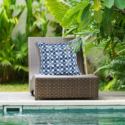 JMGBird Waterproof Outdoor Pillows Set of 2, 18x18 inch Weather Resistant White with Diamond Blue Petal Pattern Throw Pillows with Inserts for Patio Furniture