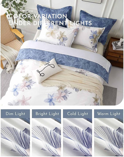Natural Cotton 3pcs Floral Comforter Sets Queen Size - Grayish White Comfoter with Blush & Tan Floral Print, Aegean Blue Reverse, Vintage Lightweight Bedding Sets(Queen 90"×90")