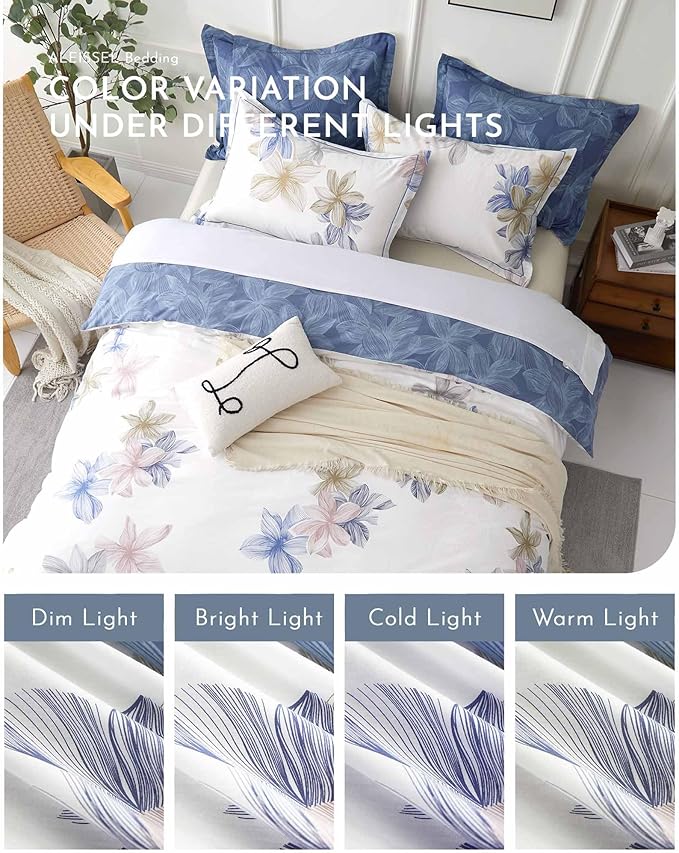 Natural Cotton 3pcs Floral Comforter Sets King Size - Grayish White Comfoter with Blush & Tan Floral Print, Aegean Blue Reverse, Vintage Lightweight Bedding Sets(King 104"×90")