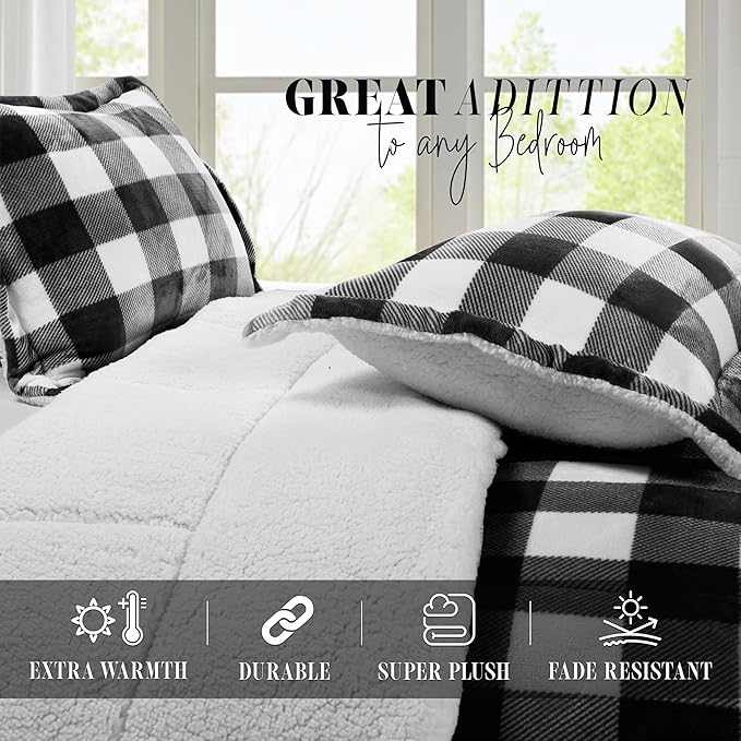 Elegant Comfort 3-Piece Buffalo Lodge-Plaid Comforter Set, Luxurious, Heavyweight, All Season, Down Alternative-Micromink Sherpa-Backing Reversible Micro-Suede, Soft and Plush, Full, Black/White