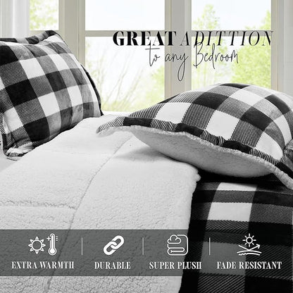 Elegant Comfort 3-Piece Buffalo Lodge-Plaid Comforter Set, Luxurious, Heavyweight, All Season, Down Alternative-Micromink Sherpa-Backing Reversible Micro-Suede, Soft and Plush, King, Black/White