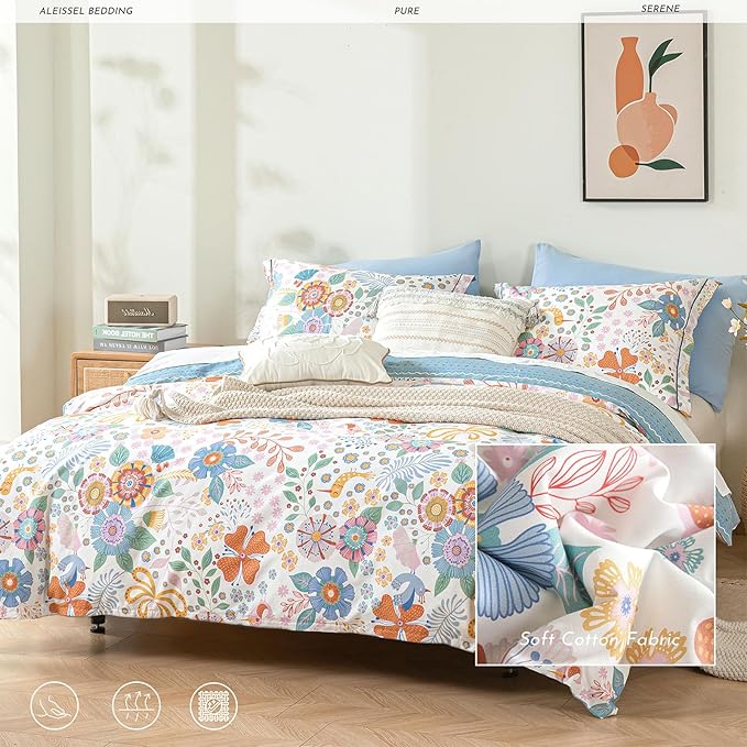 Blue Floral Cotton Comforter King Size - Vibrant Artistic Blooms & Boho Geometric Patterns, White & Soft Blue, 3PC Lightweight Bedding Sets with Down Alternative Fill(104"×90")