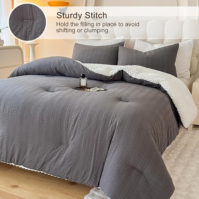 Boho Comforter Set Full Size Striped Pleats Bohemian Seersucker Bedding Set All Season Soft Cozy 3 Pieces Quilt with 2 Pillowcases(80"X90" Dark Grey)