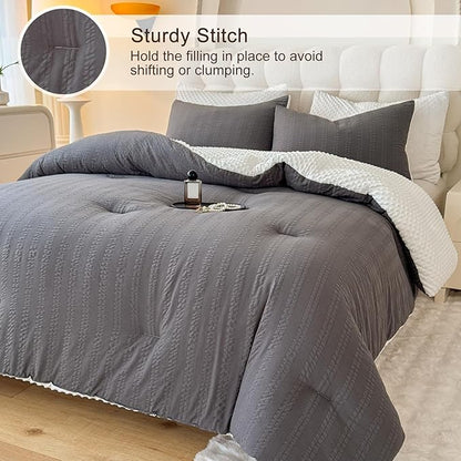 Boho Comforter Set King Size Striped Pleats Bohemian Seersucker Bedding Set All Season Soft Cozy 3 Pieces Quilt with 2 Pillowcases(104"X90" Dark Grey)