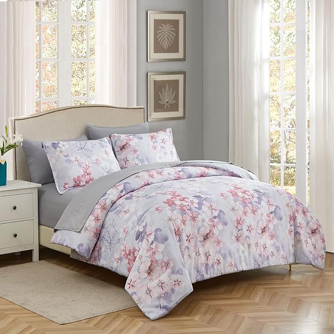 7 Piece Bed in a Bag Floral Comforter Set, Botanical Flowers Comforter and Sheet Set, Soft Microfiber Lightweight Bedding Comforter Set for All Season(Pink Floral, King)