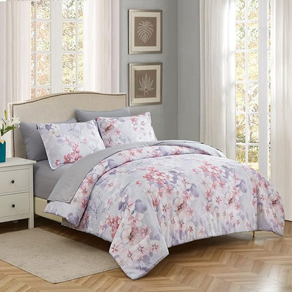 7 Piece Bed in a Bag Floral Comforter Set, Botanical Flowers Comforter and Sheet Set, Soft Microfiber Lightweight Bedding Comforter Set for All Season(Pink Floral, King)