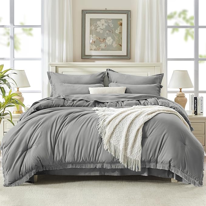 Andency California King Size Comforter Set with Sheets Medium Grey - 7 Pieces Cal King Bed in a Bag Boho Bedding Sets, Bed Set with Comforter, Sheets, Pillowcases & Shams