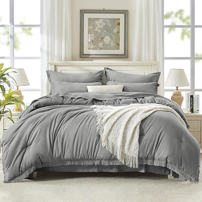 Andency King Size Comforter Set with Sheets Medium Grey - 7 Pieces Bed in a Bag Boho Soft Lightweight Bedding Sets, Tassel Bed Set with Comforter, Sheets, Pillowcases & Shams