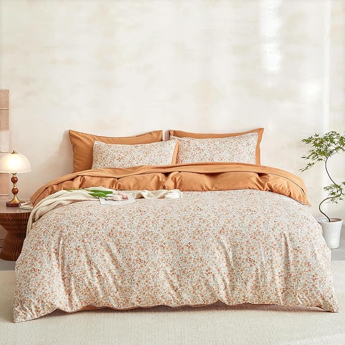 Wake In Cloud - Floral Comforter Set with Sheets, Cute Vintage Flower Cottagecore Aesthetic for Women Teen Girls, 5 Pieces Bed in a Bag, Cream Orange, Twin Size