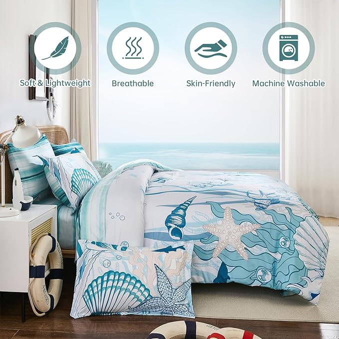 WONGS BEDDING Coastal Queen Size Comforter,7 Pieces Beach Nautical Themed Bed in a Bag Bedding Set,Ocean Coral Seashell Pattern Soft Warm Comforters for All Season, 90"x90"