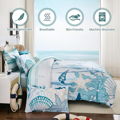 WONGS BEDDING Coastal Queen Size Comforter,7 Pieces Beach Nautical Themed Bed in a Bag Bedding Set,Ocean Coral Seashell Pattern Soft Warm Comforters for All Season, 90"x90"