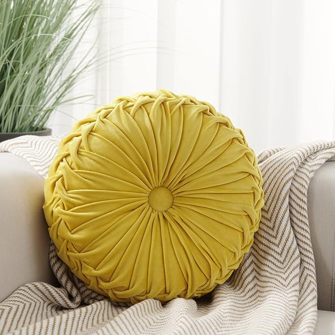 S_SSOY Round Throw Pillow for Couch Decorative 13"X13" Pumpkin Round Velvet Cushion for Sofa Bed Chair Floor Car Decorative (Yellow)