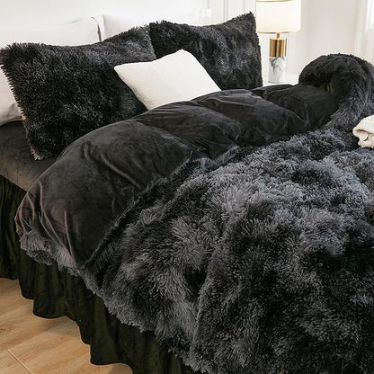 Andency Faux Fur Tie-Dyed Black Grey Comforter for Queen Size Bed, 3 Pieces Fluffy Fuzzy Plush Bedding Set (1 Shaggy Velvet Comforter & 2 Pillowcases), Soft Puffy Down Bedding Set