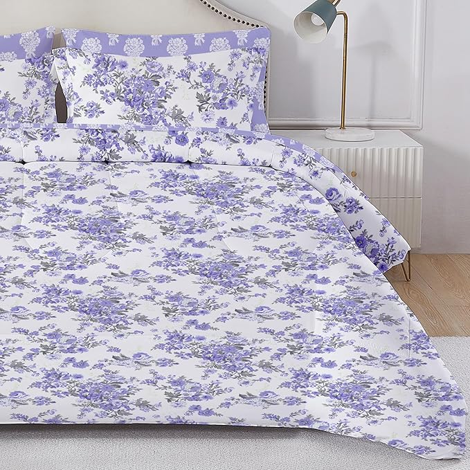 Floral King Comforter Set with Sheets, 7 Piece Luxury Vintage Bedding, Soft Microfiber Bed in a Bag, Cozy Lightweight Bed Set, Lavender Flower Grey Leaf