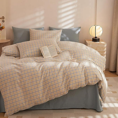 HighBuy Vintage Gingham Comforter King Size Yellow Blue Grid Bedding Comforter Set King with Sham Set 3 Piece Hotel Luxury Soft Checkered Comforter Set for King Bed,Cozy Fluffy Bedding Sets