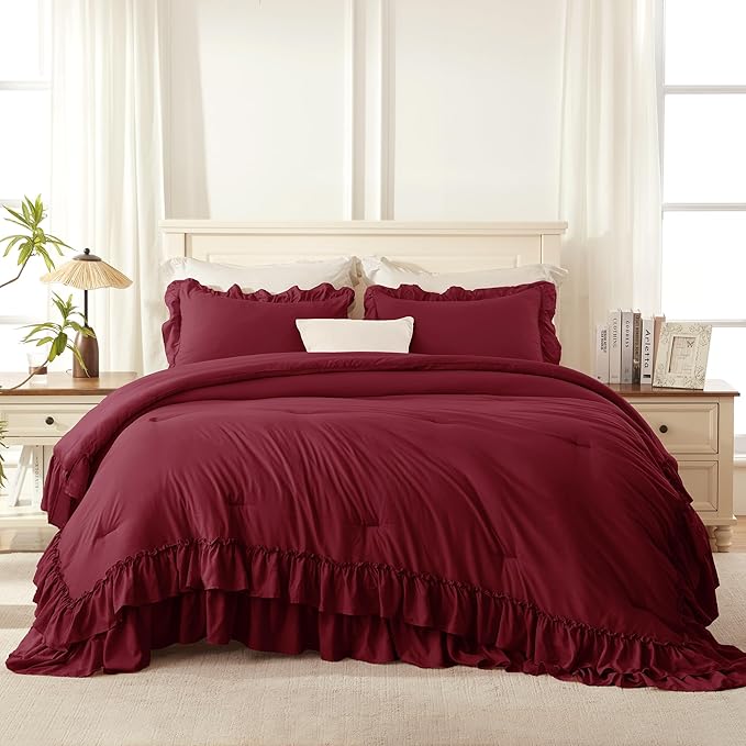 Andency Burgundy Ruffle Comforter Set Oversized King, Shabby Chic Farmhouse Bedding Set 3 Pieces, Lightweight Soft Bed Set 120x98 for Girls Women (1 Comforter 2 Pillowcases)