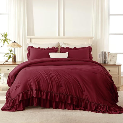 Andency Burgundy Comforter Set Queen Size, Lightweight Fluffy Farmhouse Ruffle Bedding Set, Soft Microfiber All Season Shabby Chic Bed Comforter Set 3 Pieces(1 Comforter 2 Pillowcases)